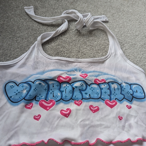 "Unbothered" bubble letter style crop top, tie up halter neck. Small size. - Picture 2 of 3